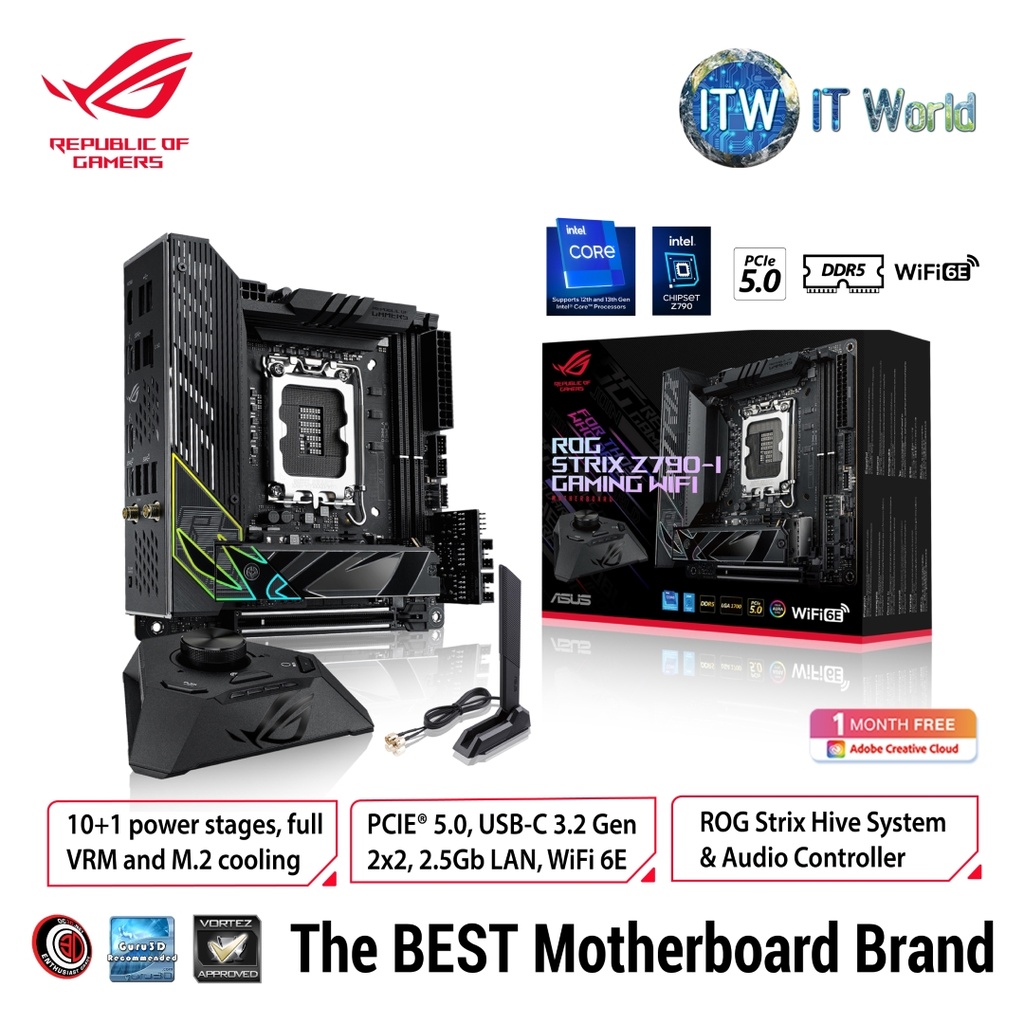 ASUS ROG Strix Z790-I Gaming WiFi Intel® Z790 LGA 1700 Mini-ITX motherboard, 10 + 1 power stages, DDR5, two M.2 slots, PCIe® 5.0, WiFi 6E, Thunderbolt™ 4, and USB 3.2 Gen 2x2 Type-C®