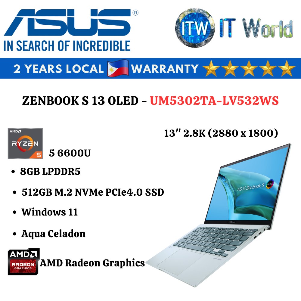 ASUS Zenbook S 13 OLED AMD Ryzen 5 6600U | 8GB LPDDR5 | 512GB SSD Laptop ITWorld (UM5302TA-LV532WS)