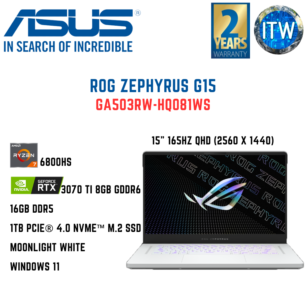 ASUS ROG Zephyrus G15 NVIDIA® GEFORCE RTX™ 3070 Ti 8GB GDDR6 /15&quot; 165Hz QHD (2560 x 1440) / Ryzen 7 6800HS/ 16GB DDR5/ 1TB PCIE4 SSD Moonlight White Laptop (GA503RW-HQ081WS)