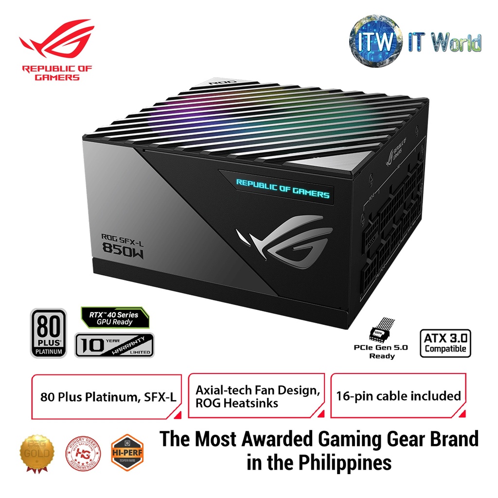 ITW | ASUS ROG Loki SFX-L 850W Platinum (Fully Modular Power Supply, 80+ Platinum, Lambda A Certified, 120mm PWM ARGB Fan, Aura Sync, ATX 3.0 Compatible, PCIe 5.0 Ready, 10 Year Warranty) 