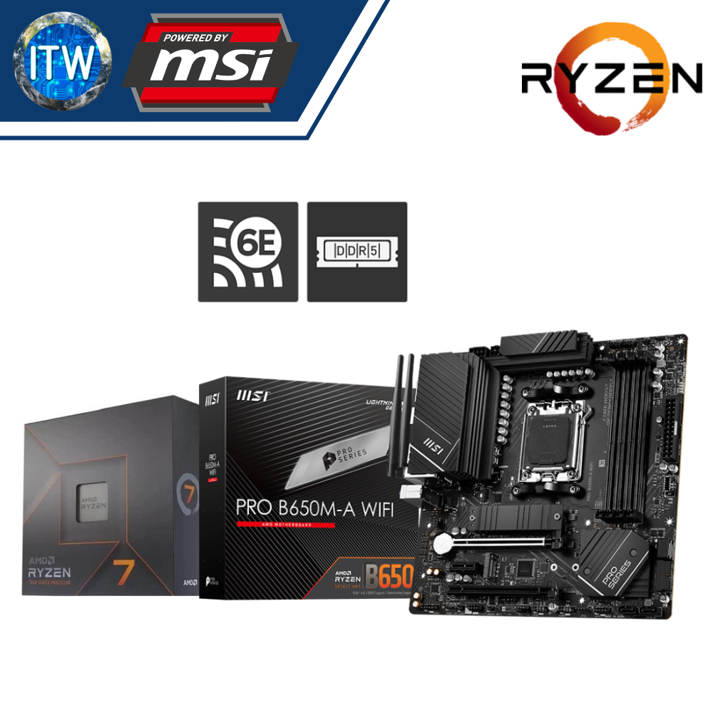 AMD Ryzen 7 7700X Desktop Processor w/o Cooler with  MSI Pro B650M-A WiFi Motherboard Bundle