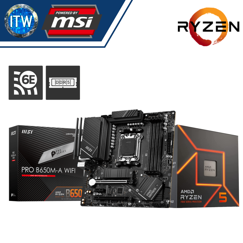 AMD Ryzen 5 7600X Desktop Processor w/o Cooler with MSI Pro B650M-A WiFi Motherboard Bundle