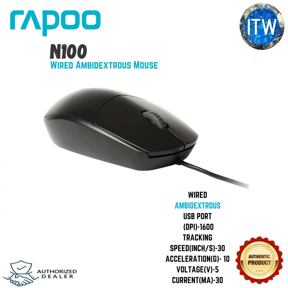 RAPOO N100 Optical Mouse BLACK with 1600DPI