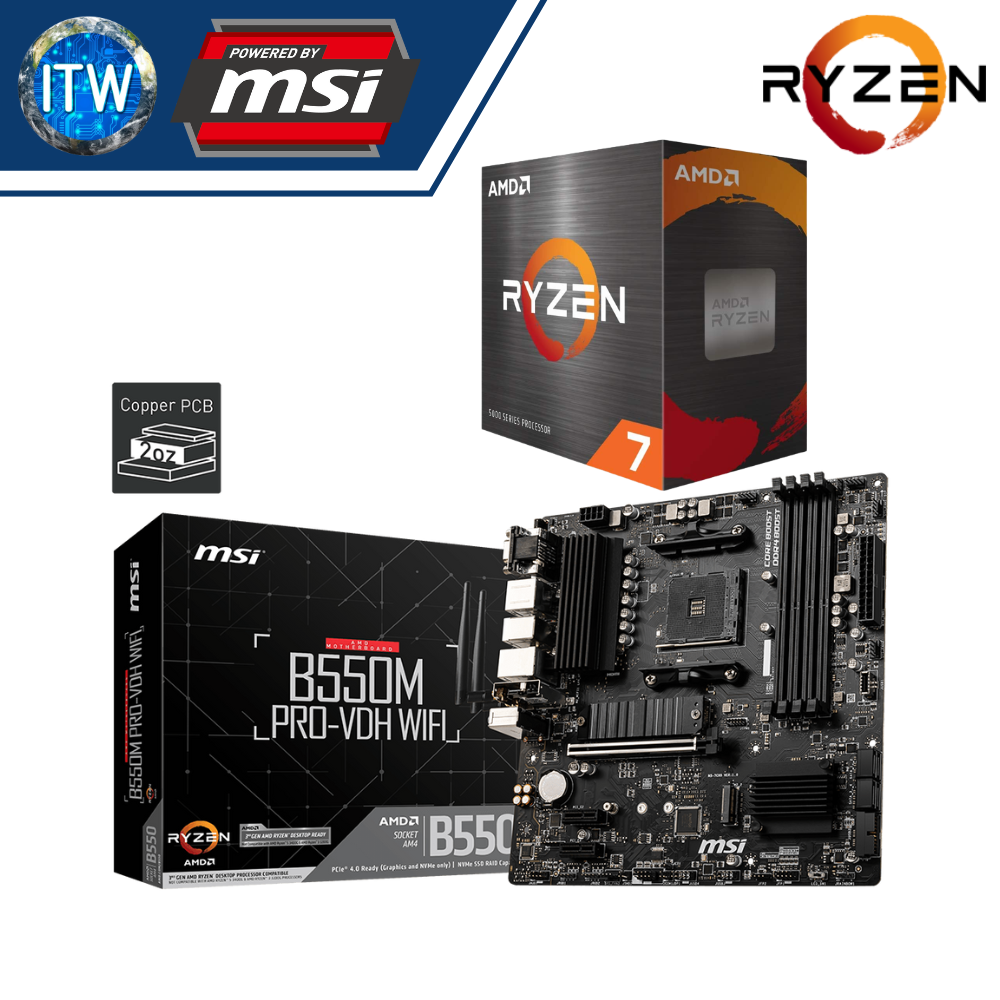 ITW | AMD Ryzen 7 5800X Desktop Processor with MSI MAG B550M Pro-VDH WiFi Motherboard Bundle