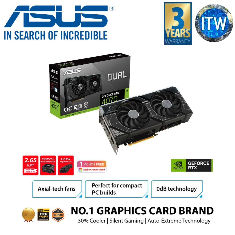 ITW | ASUS Dual NVIDIA GeForce RTX 4070 OC Edition 12GB GDDR6X Graphic Card (DUAL-RTX4070-O12G)