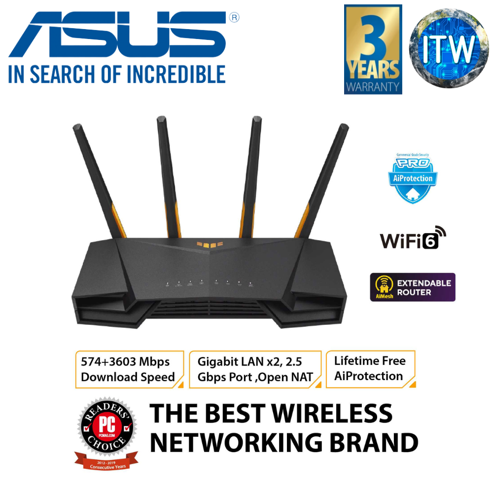 ASUS TUF Gaming AX4200 Dual Band WiFi 6 Extendable Gaming Router, 2.5G Port, Gaming Port, Mobile Game Mode, Port Forwarding, Subscription-free Network Security, Instant Guard, VPN, AiMesh Compatible