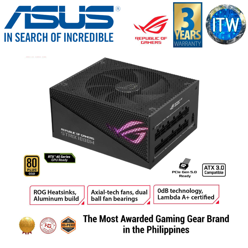 ITW | ASUS ROG Strix 1000W Gold PSU, Power Supply (ROG heatsinks, Axial-tech fan design, dual ball fan bearings, 0dB technology, 80 PLUS Gold Certification, fully modular cables, 10-year warranty)