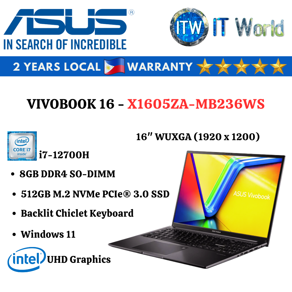 Asus Vivobook 16 Indie Black 16&quot; | i7-12700H | 8GB RAM | 512GB SSD Laptop ITWorld (X1605ZA-MB236WS)