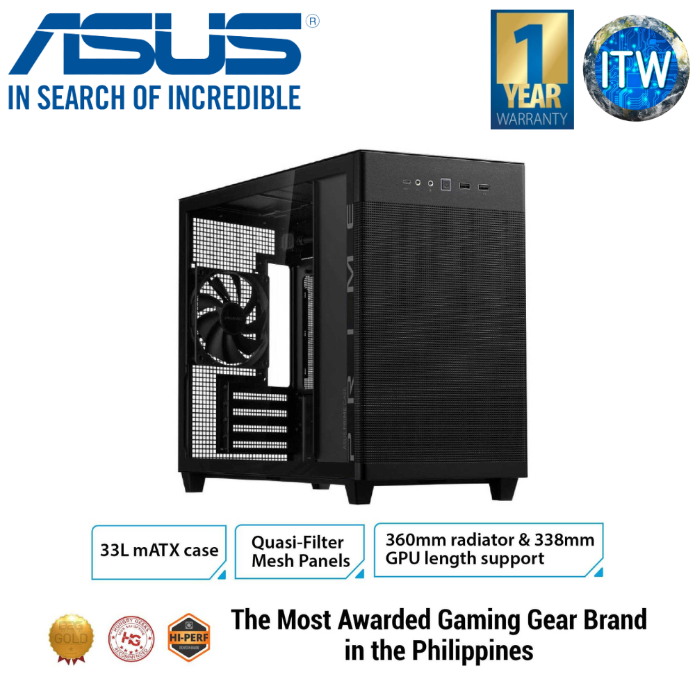 ITW | ASUS Prime AP201 Tempered Glass MicroATX Case (Support Radiator Up to 360 mm and Graphics Card Length up to 338 mm, Color Matched Cables, Tool-free Side Panels, USB 3.2 Gen 2 Type-C Front Panel)