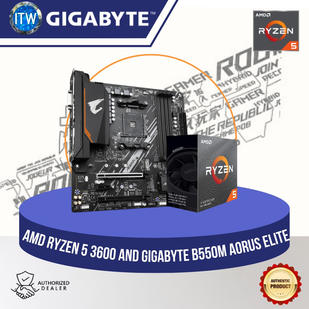 AMD Ryzen 5 3600 Processor with Gigabyte B550M Aorus Elite mATX AM4 DDR4 Motherboard Bundle
