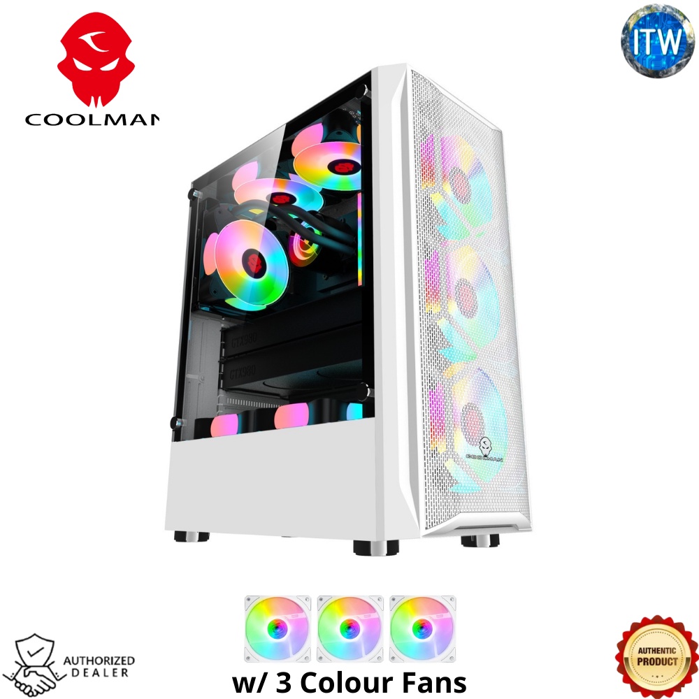 Coolman Aurora PC Cases with 3 RGB Fans (White)