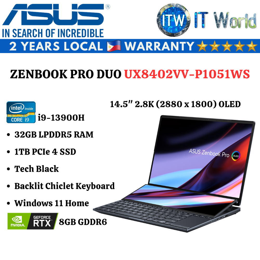 Asus Zenbook Pro Duo UX8402VV-P1051WS / i9-13900H / 14.5&quot; 2.8K OLED / 32GB LPDDR5 RAM / 1TB M.2 NVMe PCIe 4.0 SSD / Geforce RTX 4060 8GB GDDR6 Tech Black Laptop ITWorld