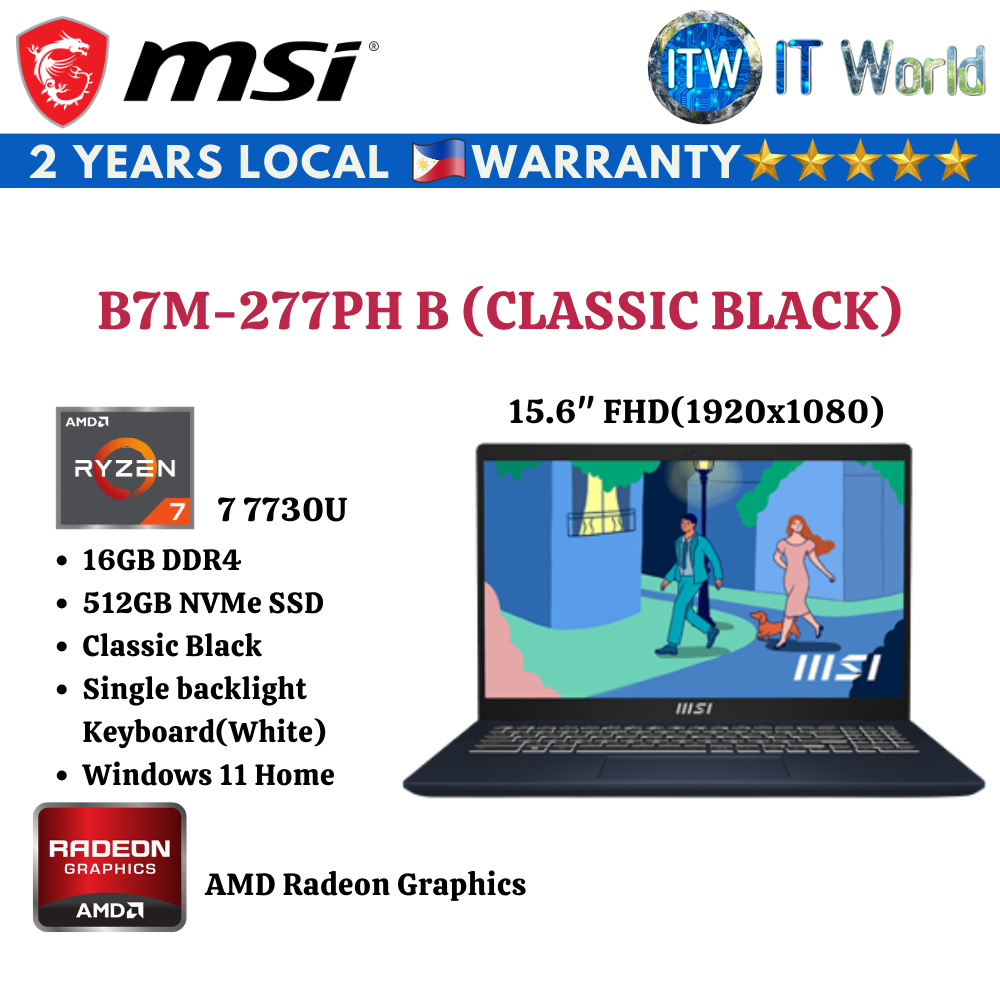 MSI Laptop Modern 15 B7M-277PH B Classic Blk | 7 7730U | DDR4 16GB | 512GB SSD | Radeon