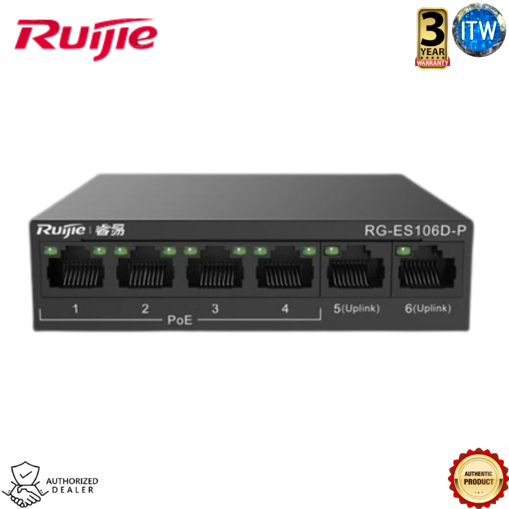 Ruijie RG-ES106D-P - 4-Port 10/100Mbps PoE + 2-Port 10/100Mbps Uplink Unmanaged Switch (RG-ES106D-P)