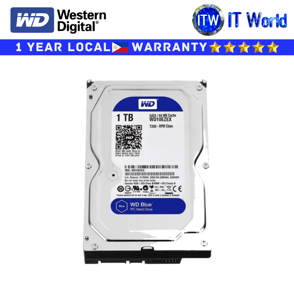 Western Digital Desktop Hard Drive HDD Blue 1TB - 7200 RPM SATA 6Gb/s 64MB Cache 3.5 Inch (WD10EZEX)