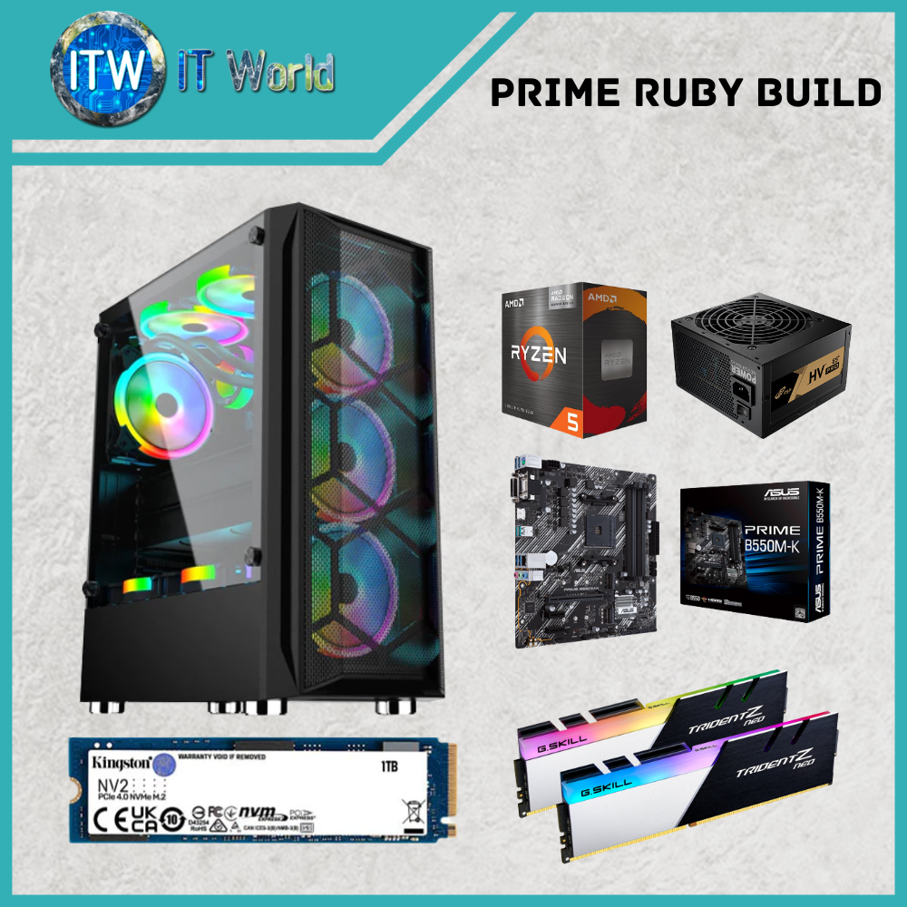 Desktop Computer Set - Prime Ruby Build | 5600G | B550M-K | NV2 1TB M.2 | Ruby