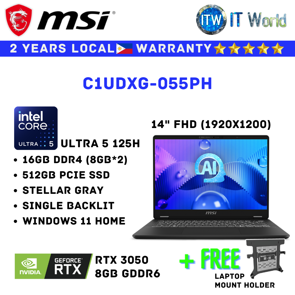 MSI Laptop Prestige 14 AI Studio C1UDXG-055PH | Ultra 5 125H | DDR5 16GB | 512GB SSD | RTX3050