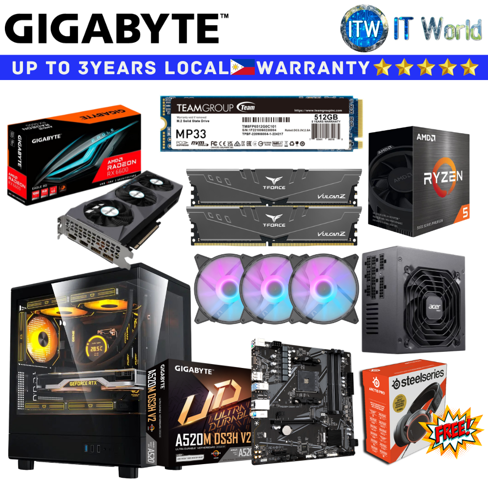 PC Desktop Computer Set Gigabyte Meteorite Build AMD Ryzen 5 5600G | A520M DS3H V2 | 16GB RAM | 512GB SSD | DB330M Black | C6 3in1 Fan