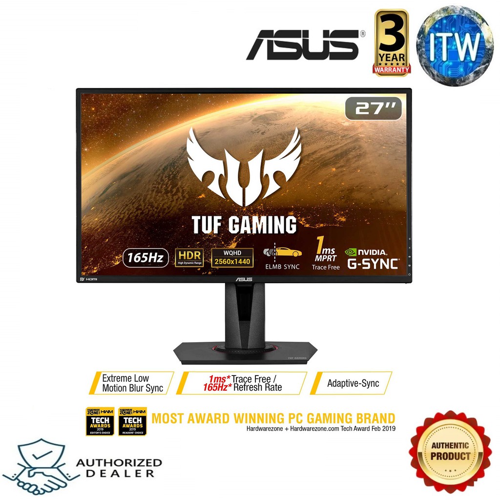 ASUS TUF Gaming VG27AQ 27&quot; HDR Gaming Monitor WQHD (2560x1440), IPS, 165Hz (above 144Hz), Extreme Low Motion Blur Sync G-SYNC Compatible, Adaptive-Sync, 1ms (MPRT), HDR10