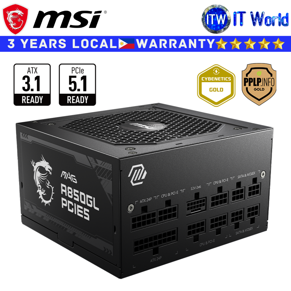 MSI PSU 850W Power Supply Unit MAG A850GL PCIE5 80+ Gold Full Modular Fluid Dynamic Bearing