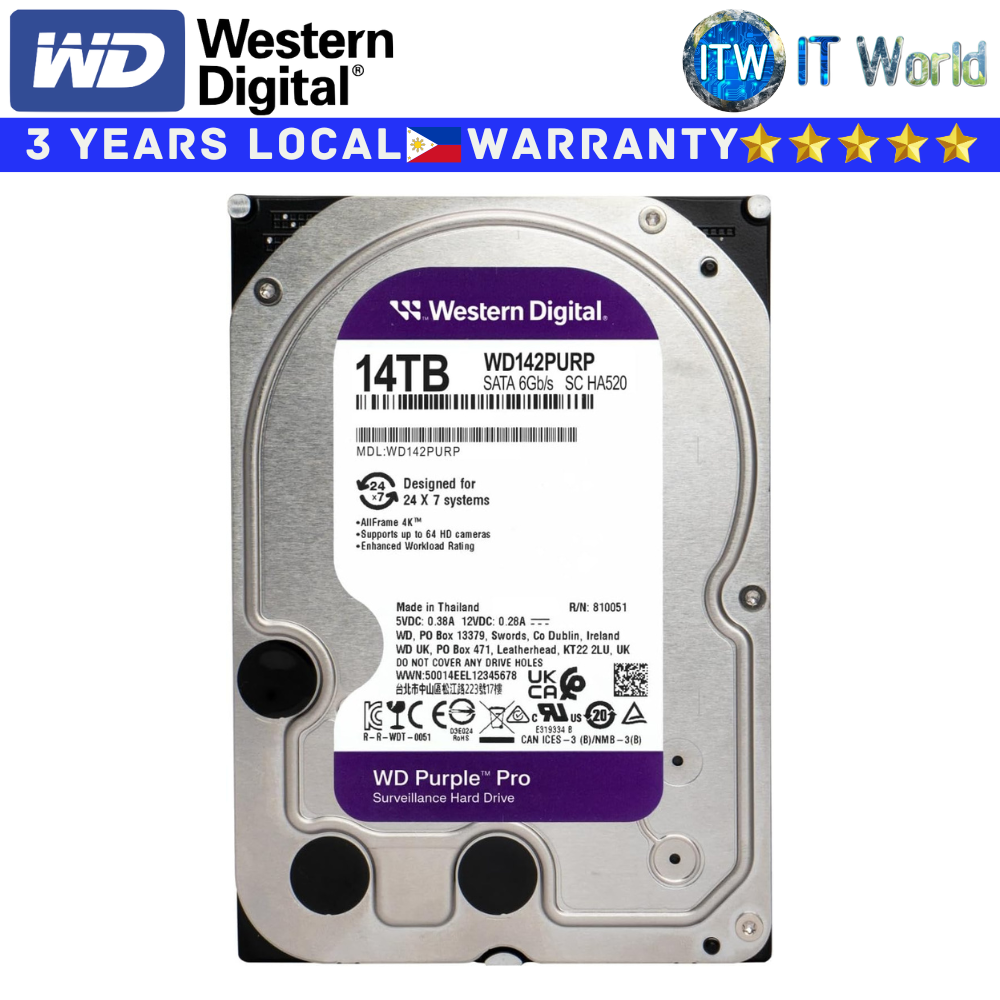 Western Digital Hard Drive HDD Purple Pro Sureveillance 3.5&quot; SATA Internal 14TB (WD141PURP)