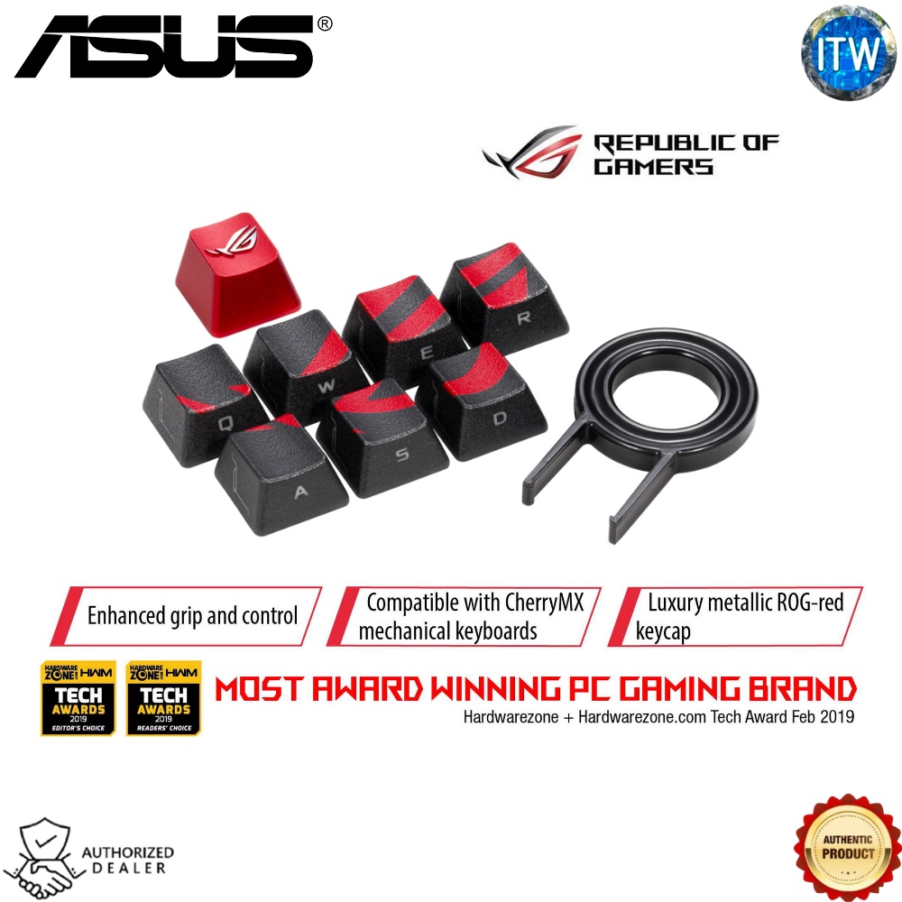 Asus Rog Gaming Keycap Set with textured side-lit FPS/MOBA keys, red metallic keycap, &amp; puller tool