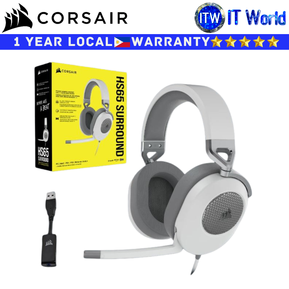 Corsair Wired Gaming Headset Headphone HS65 Surround Dolby® Audio 7.1 (White)