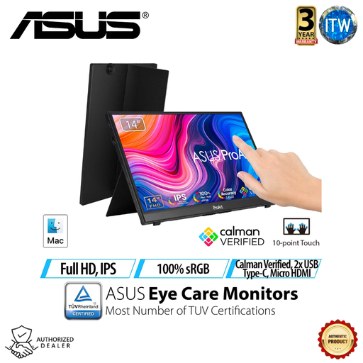 [PA148CTV] ASUS ProArt Display PA148CTV Portable Professional Monitor - 14-inch, IPS, Full HD (1920 x 1080), 100% sRGB, 100% Rec.709, Color Accuracy ΔE &lt; 2, Calman Verified, USB-C, 10-point Touch