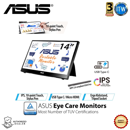 [MB14AHD] Asus ZenScreen Ink MB14AHD - 14&quot;, FHD (1920 x 1080) IPS, 10-point touch, Stylus Pen, USB Type-C, Micro HDMI, ergo kickstand, tripod socket, ASUS Flicker Free and Low Blue Light Portable Monitor