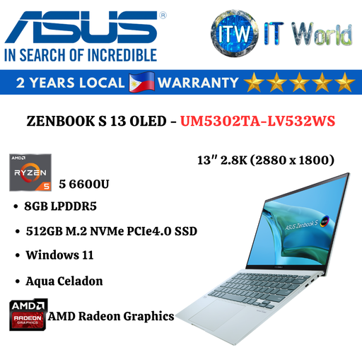 [UM5302TA-LV532WS] ASUS Zenbook S 13 OLED AMD Ryzen 5 6600U | 8GB LPDDR5 | 512GB SSD Laptop ITWorld (UM5302TA-LV532WS)