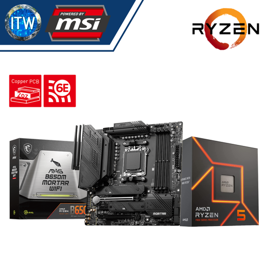 [RYZEN 5 7600X with B650M MORTAR WIFI] AMD Ryzen 5 7600X Desktop Processor w/o Cooler with MSI MAG B650M Mortar WiFi Motherboard Bundle