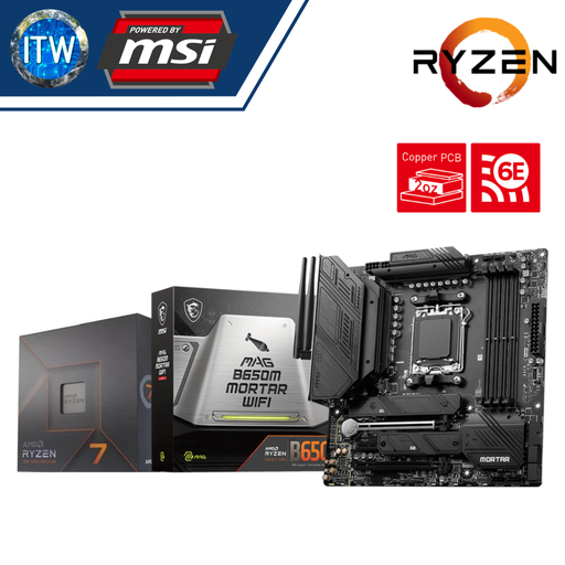 [7 7700X with B650M MORTAR WIFI] AMD Ryzen 7 7700X Desktop Processor w/o Cooler with MSI MAG B650M Mortar WiFi Motherboard Bundle
