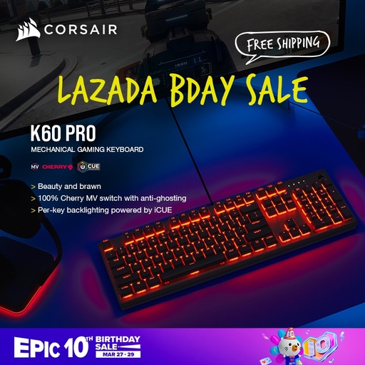 [CORSAIR K60 PRO RED LED CHERRY VIOLA Black (CH-910D029-NA)] CORSAIR K60 PRO Mechanical Gaming Keyboard Red LED CHERRY VIOLA — Black (CH-910D029-NA) (Black)