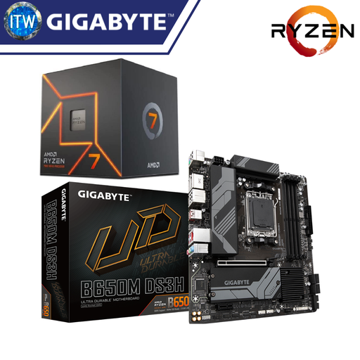 [AMD RYZEN 7 7700 / GA-B650M-DS3H] ITW | AMD Ryzen 7 7700 Desktop Processor with Gigabyte B650M DS3H Motherboard Bundle