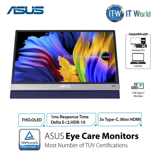 [MQ13AH] ITW | ASUS ZenScreen OLED MQ13AH portable monitor – 13.3-inch FHD (1920 x 1080), OLED, 100% DCI-P3, 1 ms Response Time, Delta E &lt; 2, HDR-10, USB-C, Mini HDMI , Proximity Sensor, Smart Case, Flicker Free, Low Blue Light