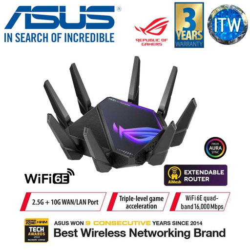 [GT-AXE16000] ASUS ROG Rapture GT-AXE11000 Tri-band WiFi 6E Extendable Gaming Router, 6GHz Band, 2.5G Port, Triple-level Game Acceleration, VPN Fusion, Subscription-free Network Security, AiMesh Compatible