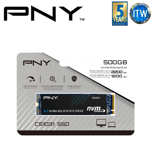 [M280CS1031-500-CL] PNY CS1031 M.2 2280 NVMe Gen3x4 Internal SSD (250GB/500GB/1TB) (M280CS1031-500-CL)