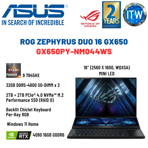 [GX650PY-NM044WS] ASUS ROG Zephyrus Duo 16 GX650 Black AMD Ryzen 9 7945HX | GeForce RTX 4090 | 16&quot; (2560x1600, WQXGA) | 32GB DDR5-4800 SO-DIMM x 2 | 2TB + 2TB PCIe 4.0 NVMe M.2 SSD Gaming Laptop ITWorld (GX650PY-NM044WS)