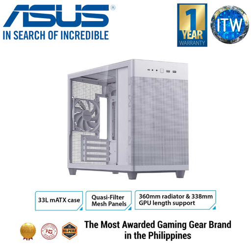 [AP201 PRIME CASE TG WHITE] ASUS Prime AP201 Tempered Glass MicroATX Case (Support Radiator Up to 360 mm and Graphics Card Length up to 338 mm, Color Matched Cables, Tool-free Side Panels, USB 3.2 Gen 2 Type-C Front Panel) (White)