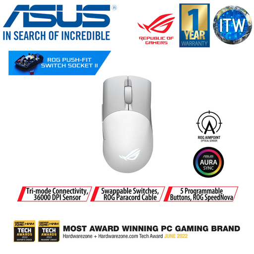 [P709 ROG KERIS Wireless WHITE] ITW | Asus ROG Keris Wireless AimPoint Gaming Mouse, Tri-mode connectivity (2.4GHz RF, Bluetooth, Wired), 36000 DPI sensor, 5 programmable buttons, ROG SpeedNova, Replaceable switches, Paracord cable, White