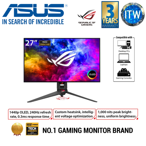 [PG27AQDM] ITW | ASUS ROG Swift OLED PG27AQDM gaming monitor ― 27-inch (26.5-inch viewable), 1440p, OLED, 240Hz, 0.03ms, anti-glare, custom heatsink, uniform brightness, 99% DCI-P3, DisplayWidget Center