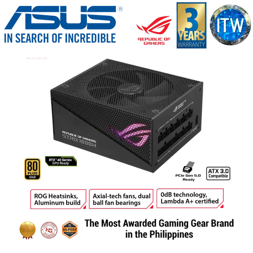 [ROG-STRIX-1000G-AURA-GAMING] ITW | ASUS ROG Strix 1000W Gold PSU, Power Supply (ROG heatsinks, Axial-tech fan design, dual ball fan bearings, 0dB technology, 80 PLUS Gold Certification, fully modular cables, 10-year warranty)