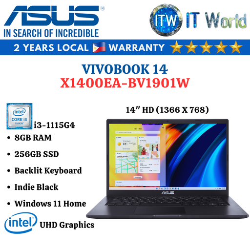 [X1400EA-BV1901W] Asus Vivobook 14 i3-1115G4 14&quot; (1366 x 768) HD, 8GB RAM, 256GB SSD Laptop ITWorld (X1400EA-BV1901W)