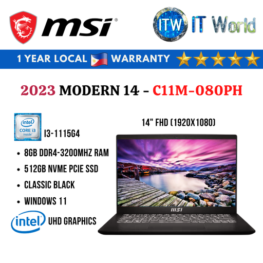 [C11M-080PH 14] MSI Modern C11M 14&quot; FHD (1920x1080), i3-1115G4, 8GB DDR4 RAM, 512GB SSD Laptop ITWorld (C11M-080PH)