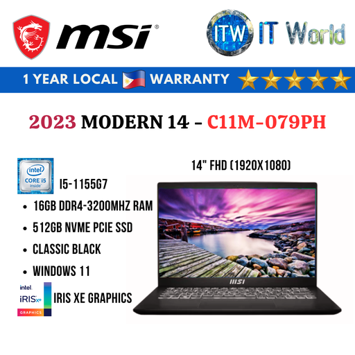 [C11M-079PH 14] MSI Modern 14 C11M-079PH 14&quot; i5-1155G7 | 16GB RAM | 512GB SSD | Iris Xe Graphics Laptop ITWorld