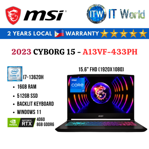 [A13VF-433PH] MSI Cyborg 15 A13VF-433PH / 15.6&quot; FHD / i7-13620H / 16GB DDR5 / 512GB SSD Gaming Laptop ITWorld