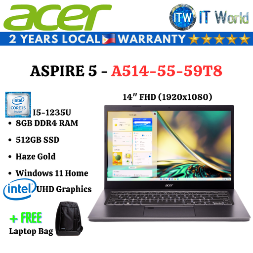 [A514-55-59T8] Acer Aspire 5 14&quot; i5-1235U, 8GB DDR4 RAM, 512GB NVMe SSD, Intel UHD Graphics Notebook Laptop ITWorld (Haze Gold)
