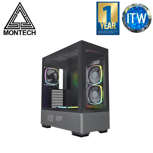 [S2Black] Montech Sky Two ATX/MicroATX/Mini ITX Tempered Glass PC Case (Black) (Black)