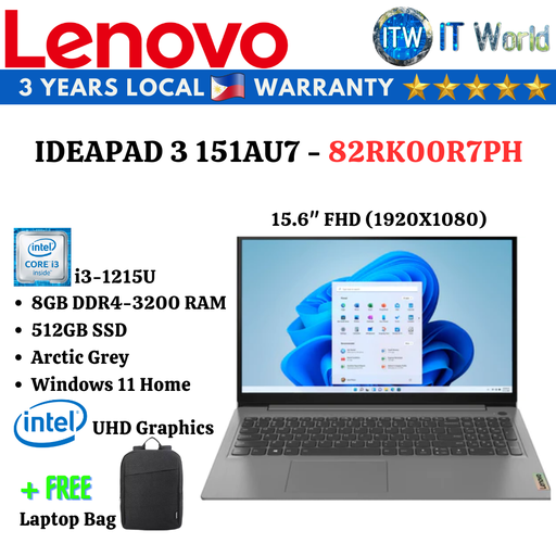 [82RK00R7PH] Lenovo Ideapad 3 151AU7 i3-1215U | 15.6&quot; FHD | 8GB RAM | 512GB SSD Laptop ITWorld (82RK00R7PH)