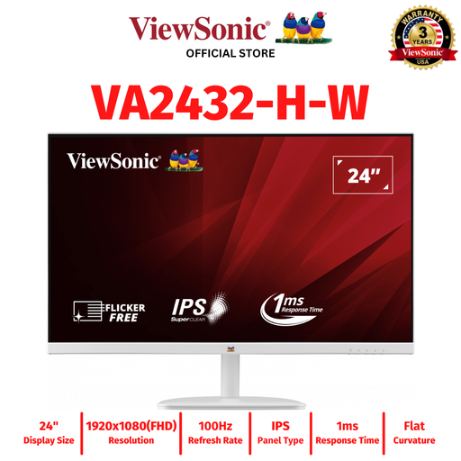 [VA2432-H-W (white)] Viewsonic VA2432-H-W 24&quot; 1920x1080 (FHD), 100Hz, IPS, 1ms Flicker-free Monitor with Frameless Design (White) (VA2432-H-W (white))